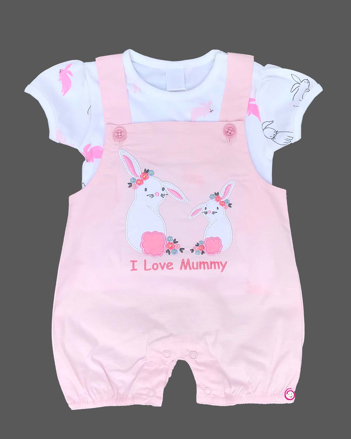 Girls rabbit printed tee with half romper - Baby Pink