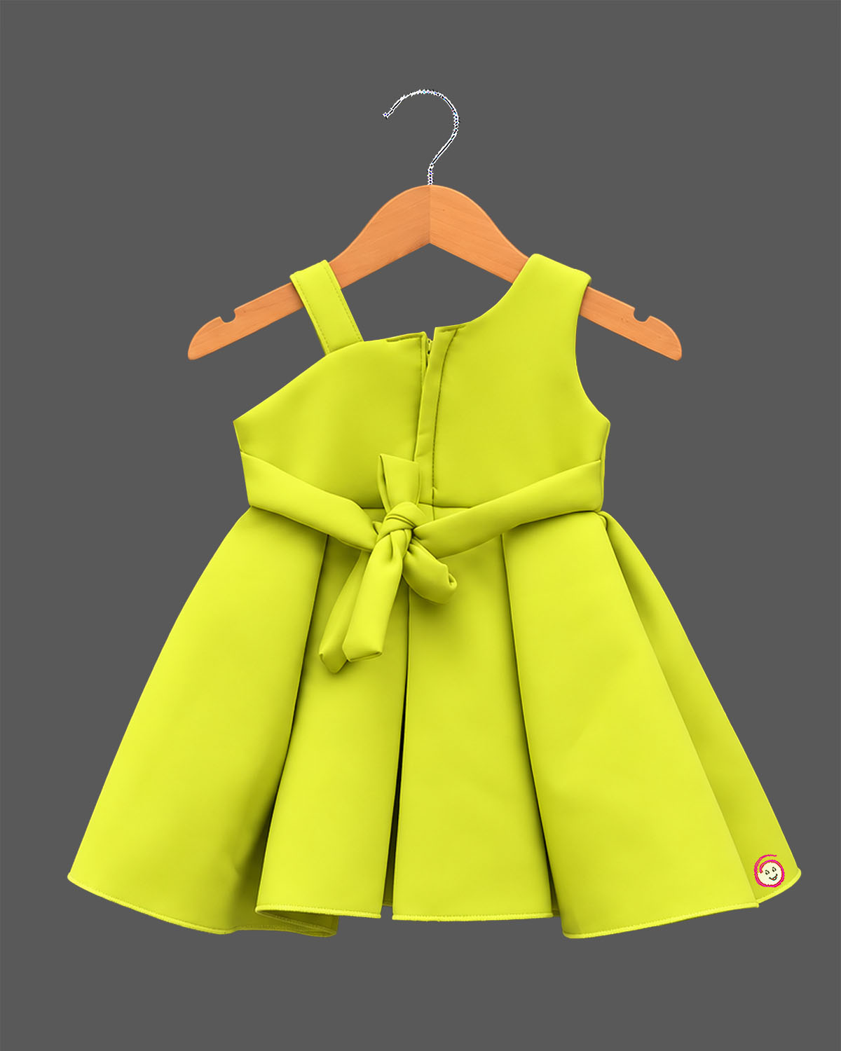 One-shoulder pleated party frock adorned with cascading fabric roses and green leaf details for festive celebrations.