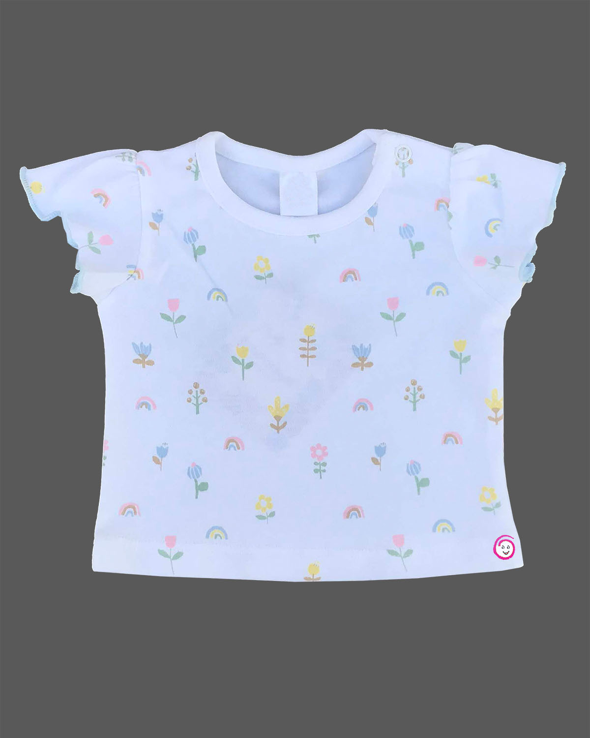White pastel floral print frill sleeve t-shirt and sky blue house embroidered Candy House girls Muslin and knitted cotton pinafore frock dress set for birthday parties and casual playtime wear