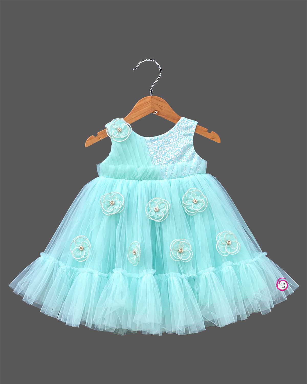 Turquoise Blue Toddler Net Frock with Sequins and Floral Embellishments for Parties and Birthdays