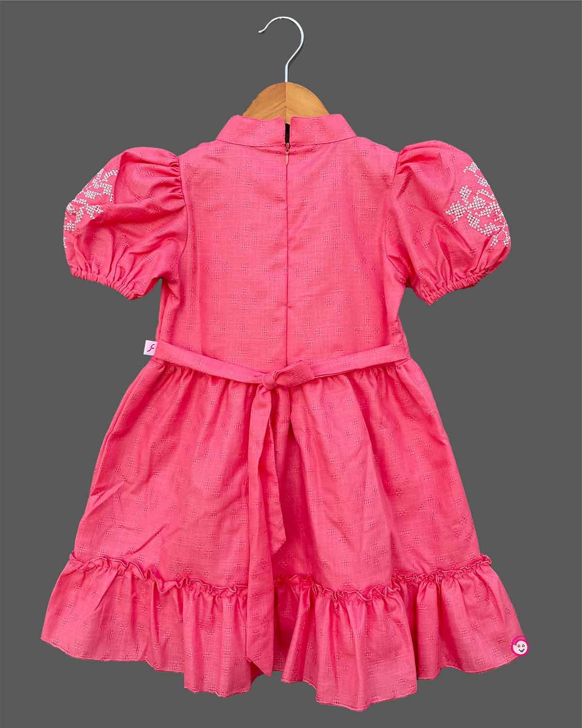 Pink toddler cotton frock with puff sleeves and Collar neck for girls