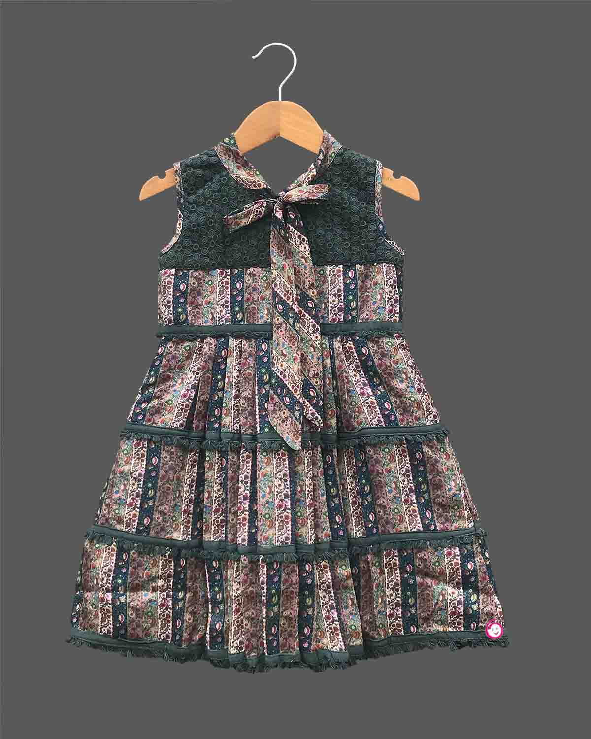 Girls embroidery and printed casual frocks - Dark Green