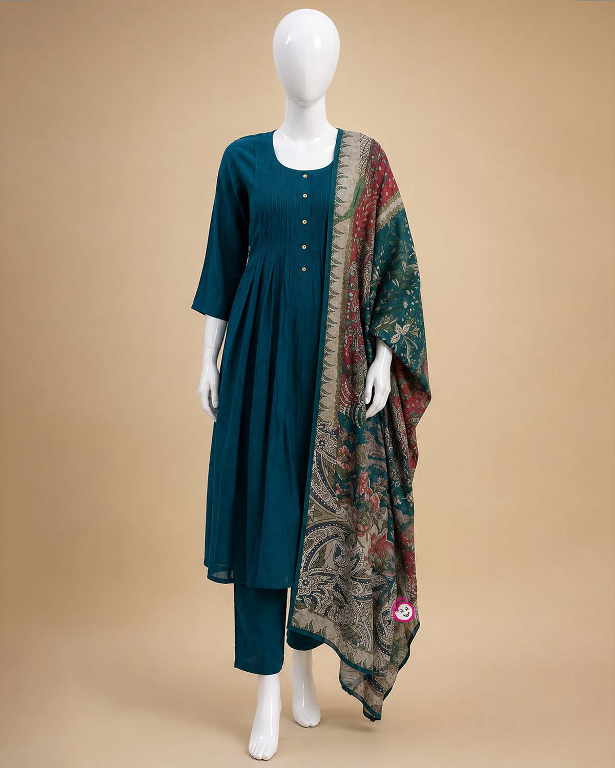 Maternity solid pintuck pleated cotton kurta set with printed paisley dupatta and pants