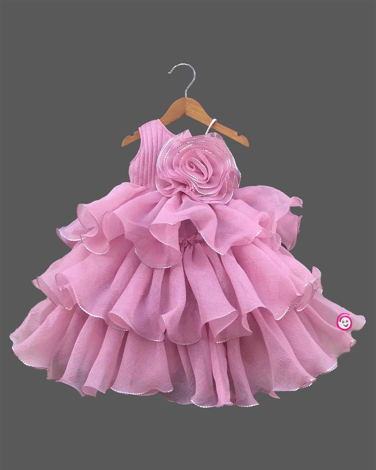 Baby girl light pink organza layered party frock with giant flower detail