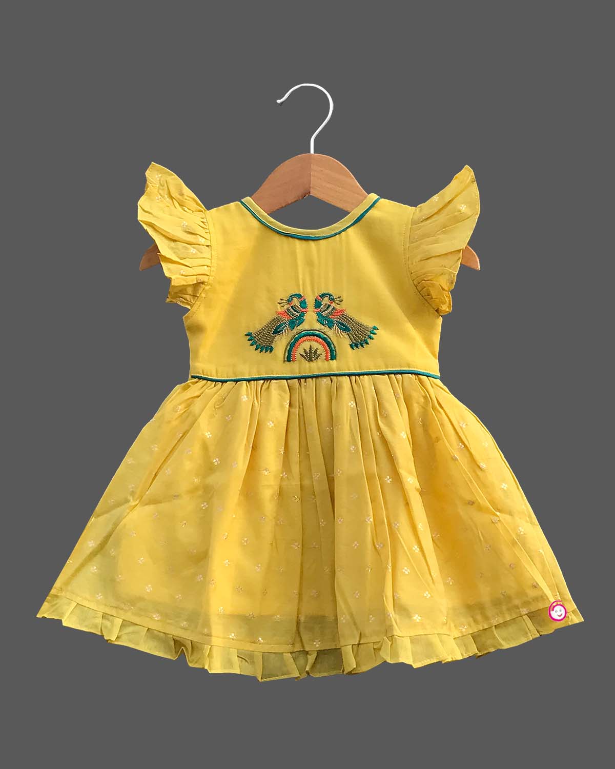 Girls peacock printed traditional frock - Yellow