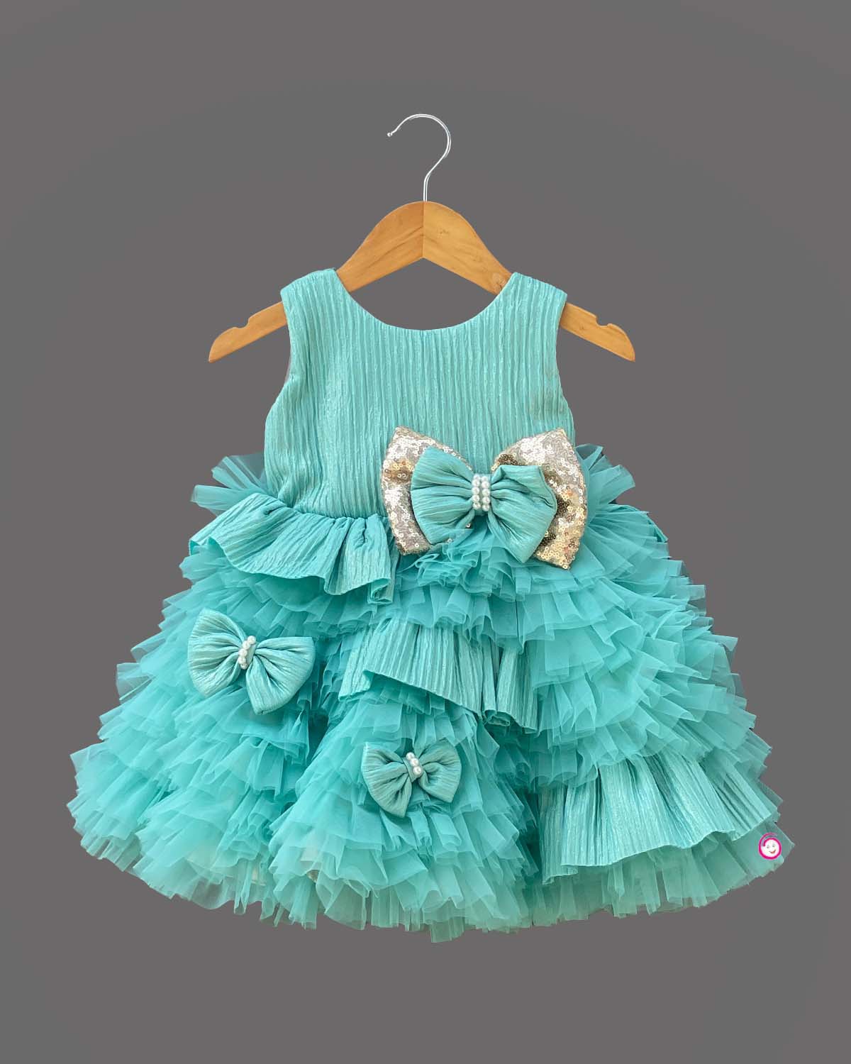 Girls bow applique party frock - Sea Green