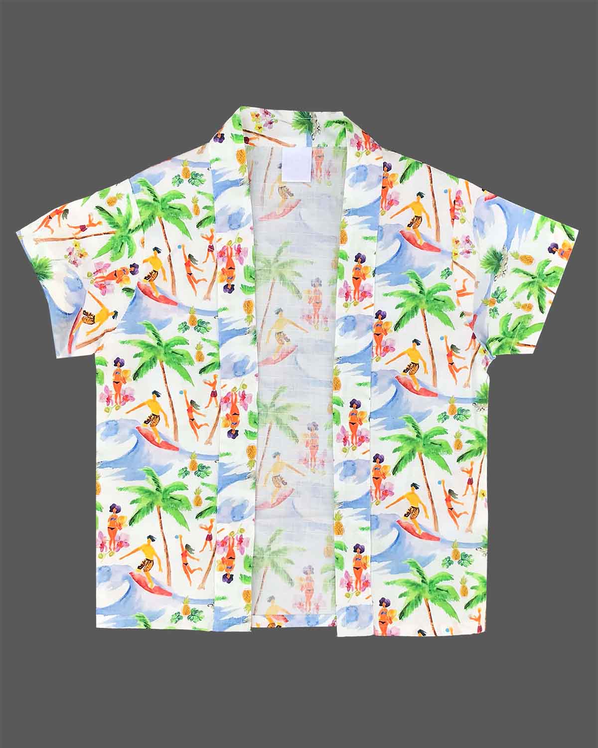 Vibrant tropical beach print muslin open-front shirt and matching shorts set featuring palm trees and surfer motifs for baby boys and toddler summer vacation wear