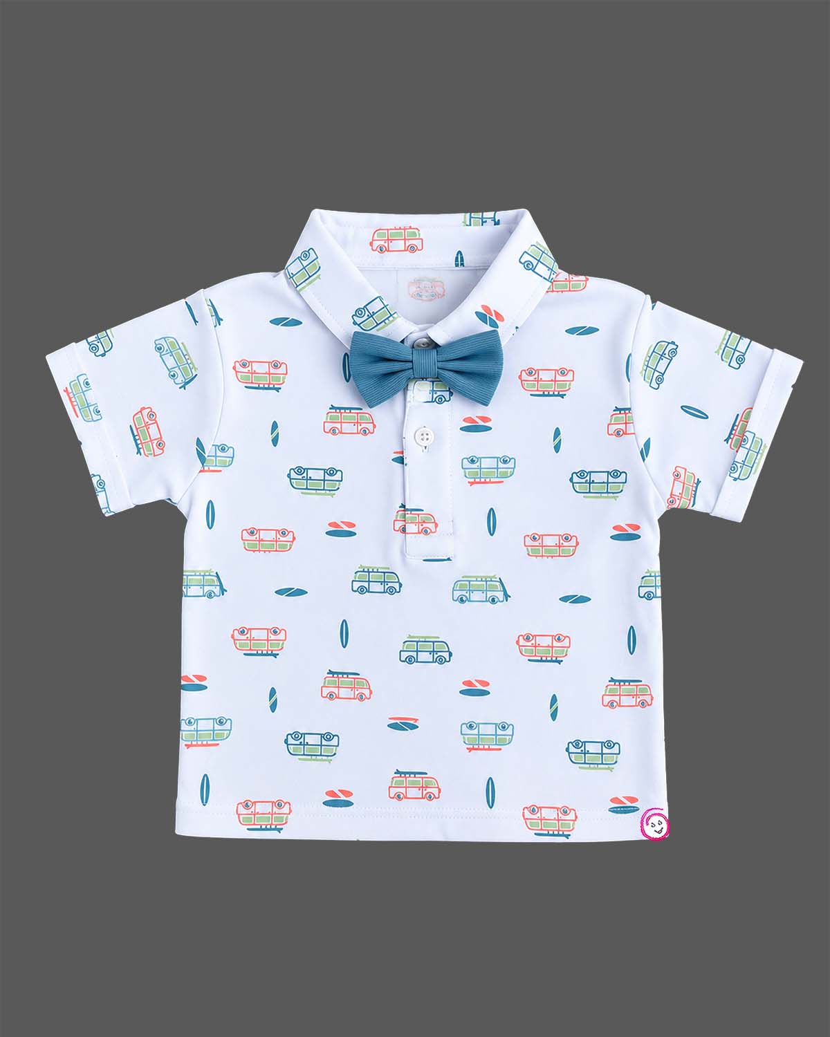 Boys suspender set with vehicle printed collared shirt, bow tie, and light blue suspender shorts