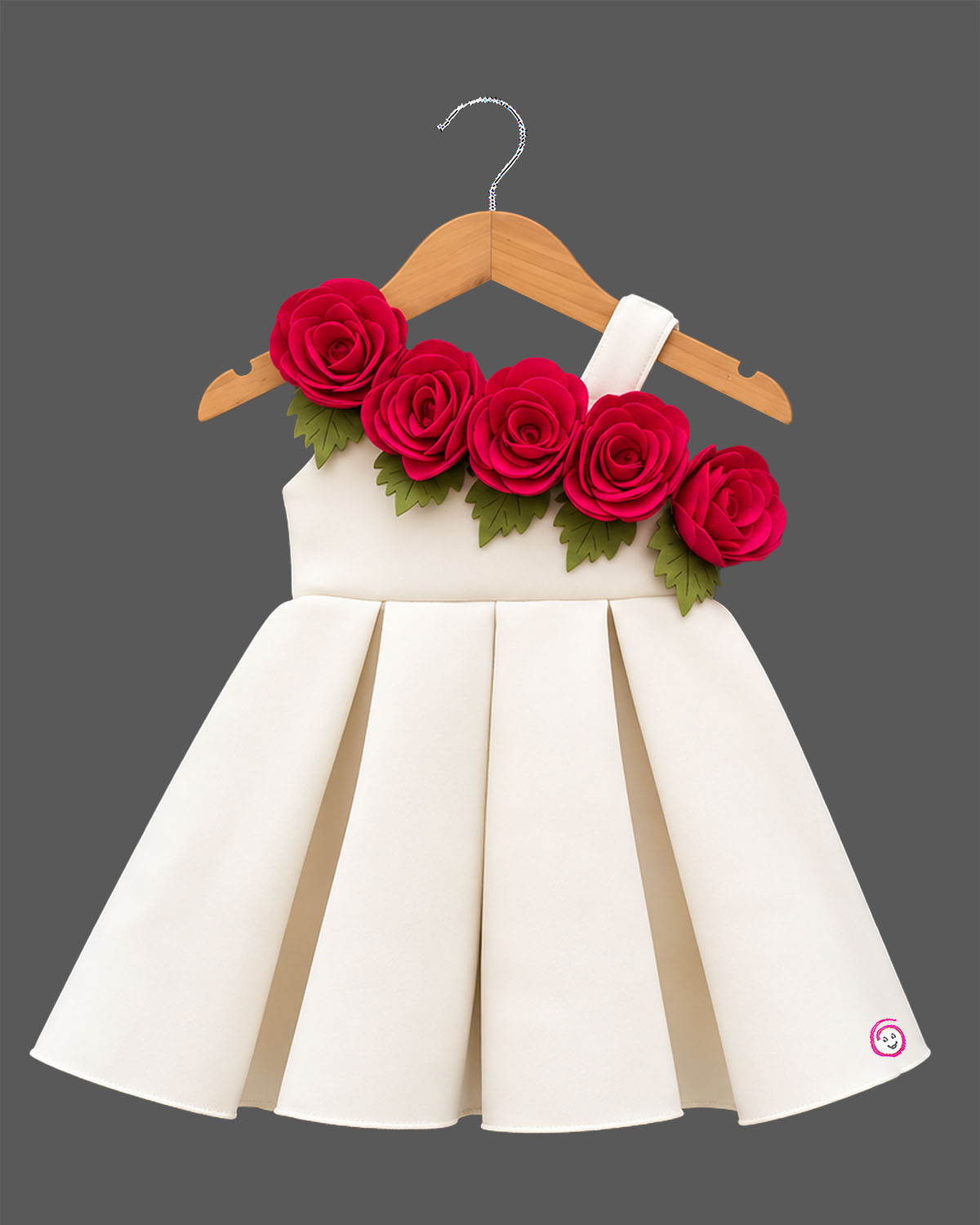 Girls one-shoulder box pleated party frock with 3D floral applique trim along neckline.