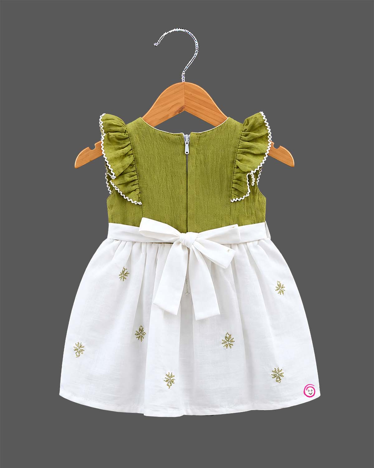 Toddler frill linen frock with embroidery details for casual playdates