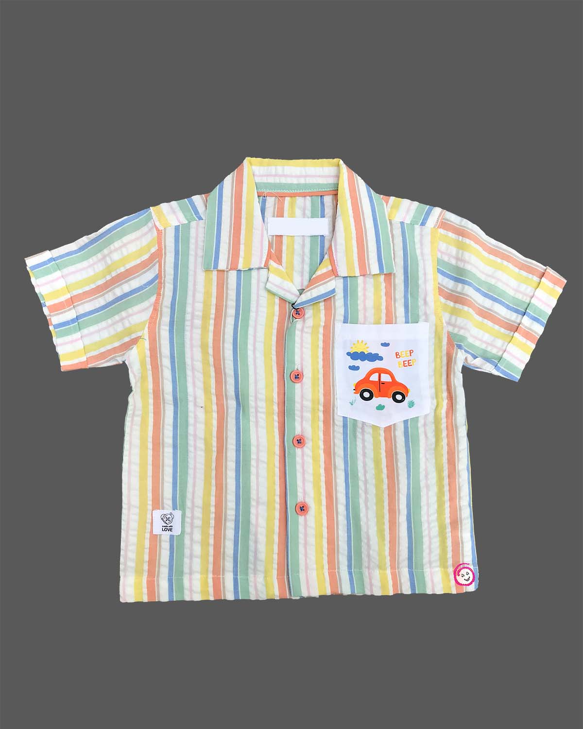 Baby Boy Striped Shirt with Car Appliqué and Matching Cuffed Shorts Set
