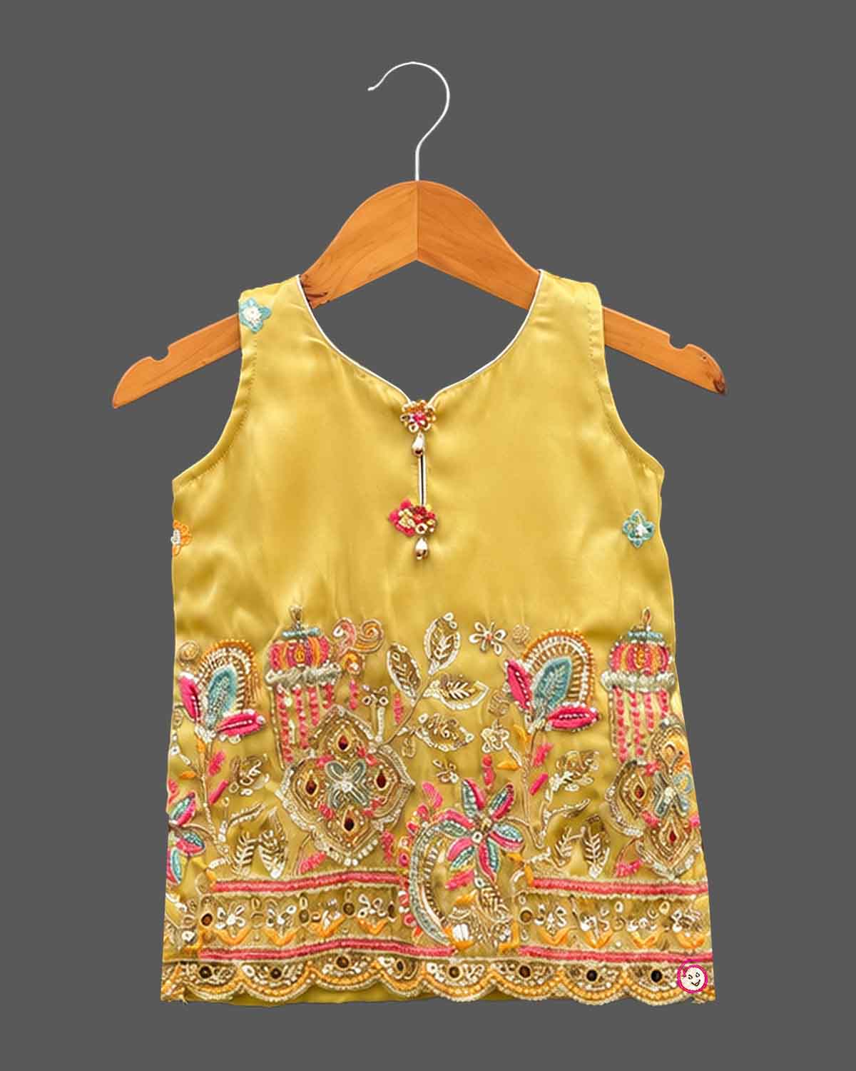 Kids dhoti kurta set for girls with mirror work embroidered sleeveless top and pleated organza dhoti pants