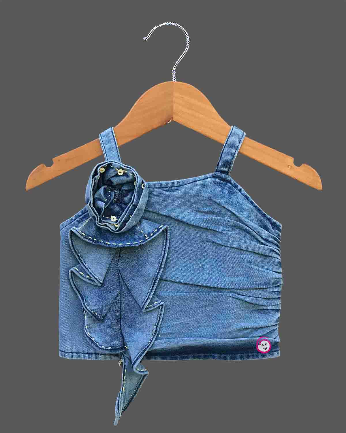 Girls blue denim strappy top with ruffle flower and yellow net embroidered skirt set