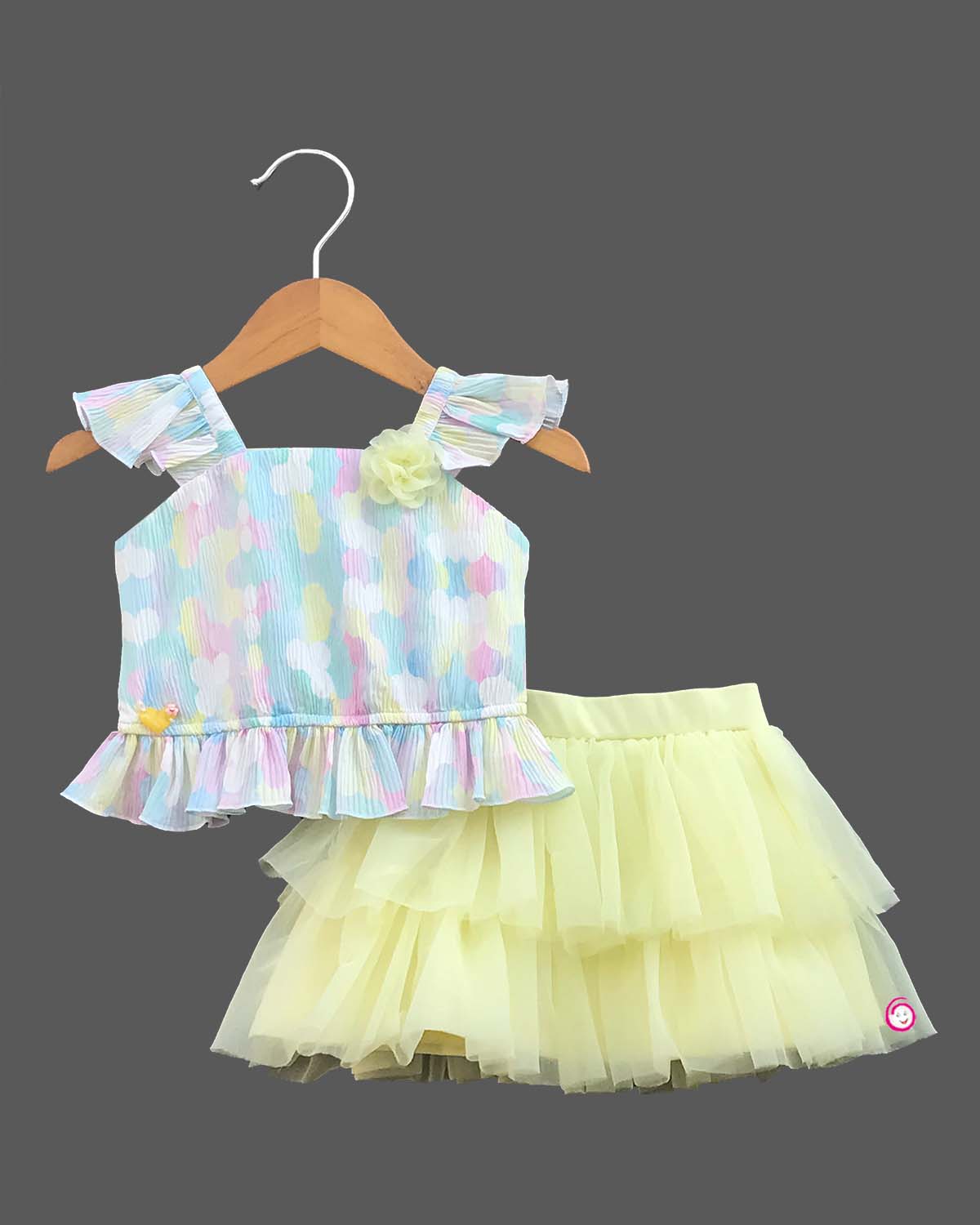 Girls frill sleeve western top & skirt - Lemon Yellow