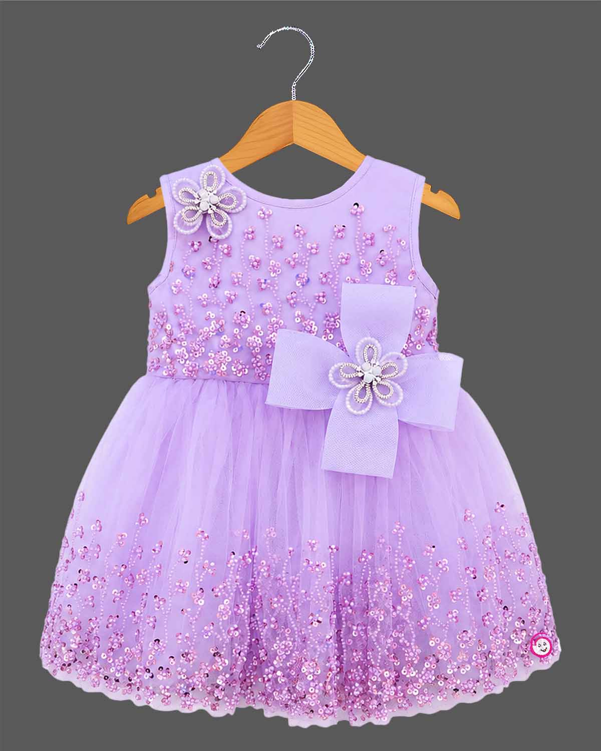 Baby girl sequin embellished party wear net frock with bow appliqué