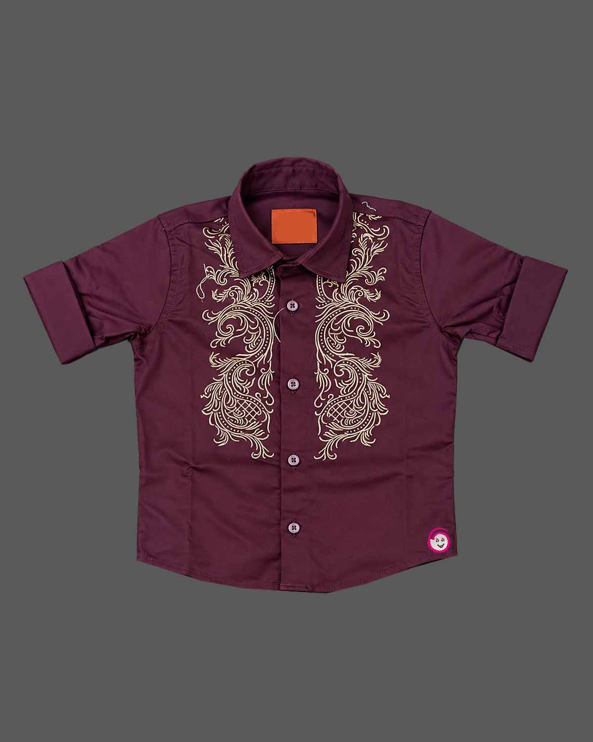 Boys party wear embroidered button-down shirt with spread collar and roll-up sleeves.