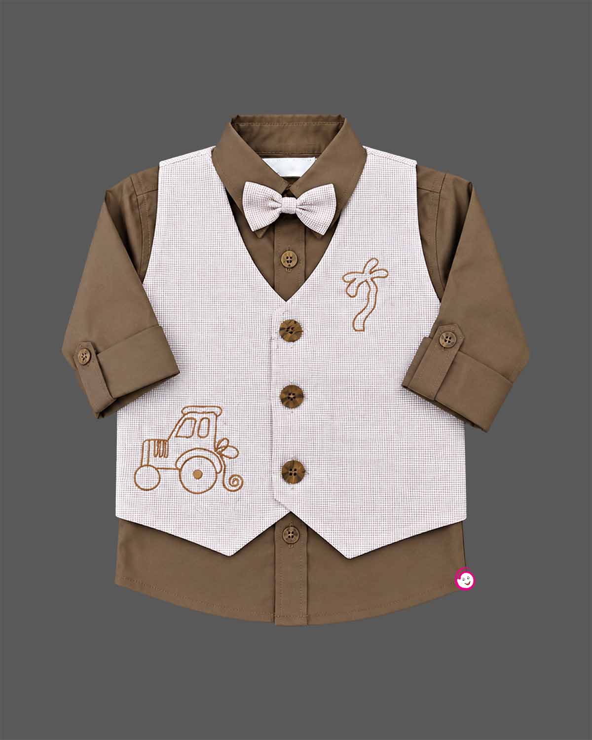 indo western dress for boys waistcoat set with bow tie and tractor embroidery