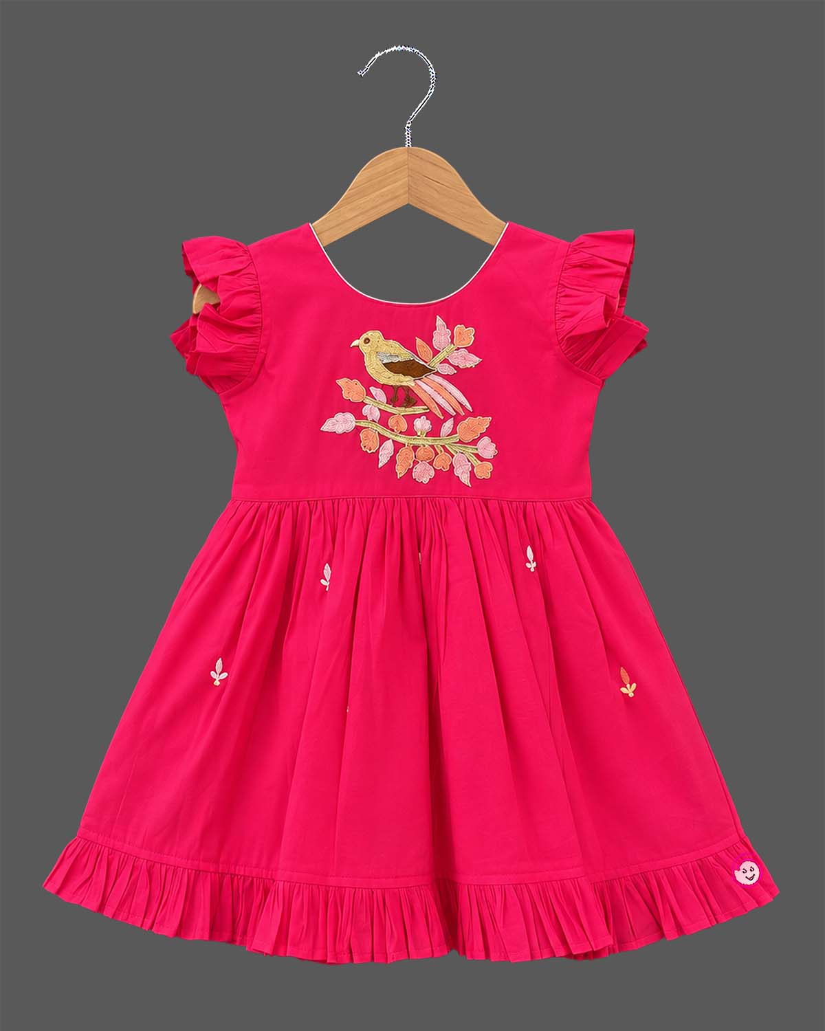 Baby girl floral silk cotton frock with bird motif embroidery for ethnic festive wear