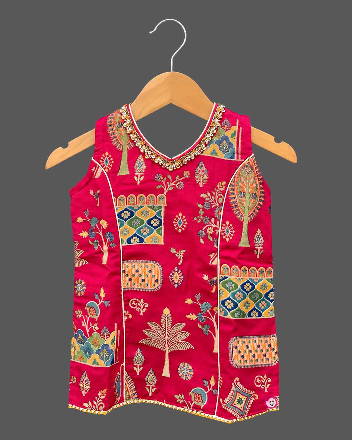 Embellished neck sleeveless and pleated patiyala salwar set in kurti for kids collection.