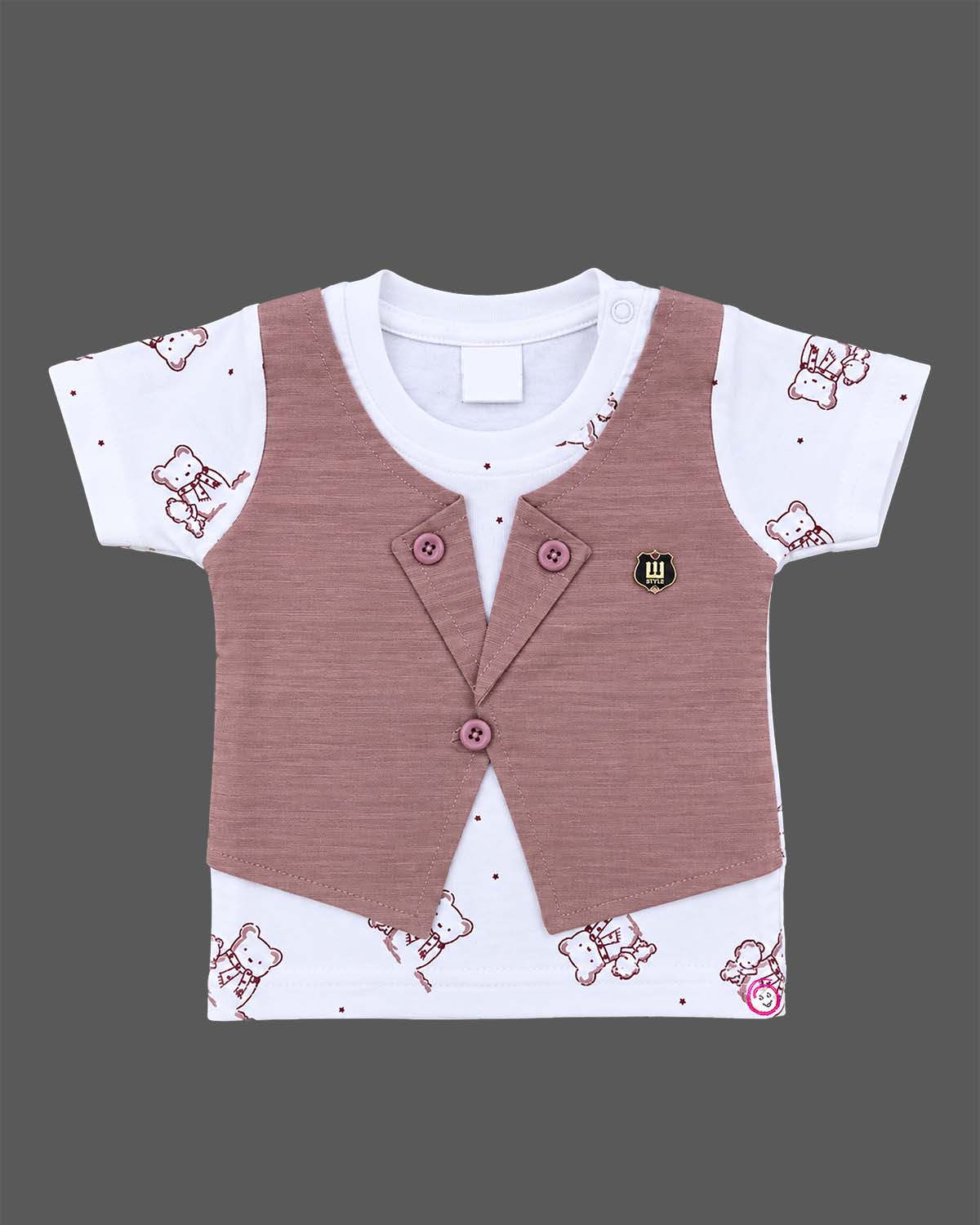 Stylish toddler boy casual clothes set with printed t-shirt attached waist jacket and matching shorts for baby clothes and kids clothing