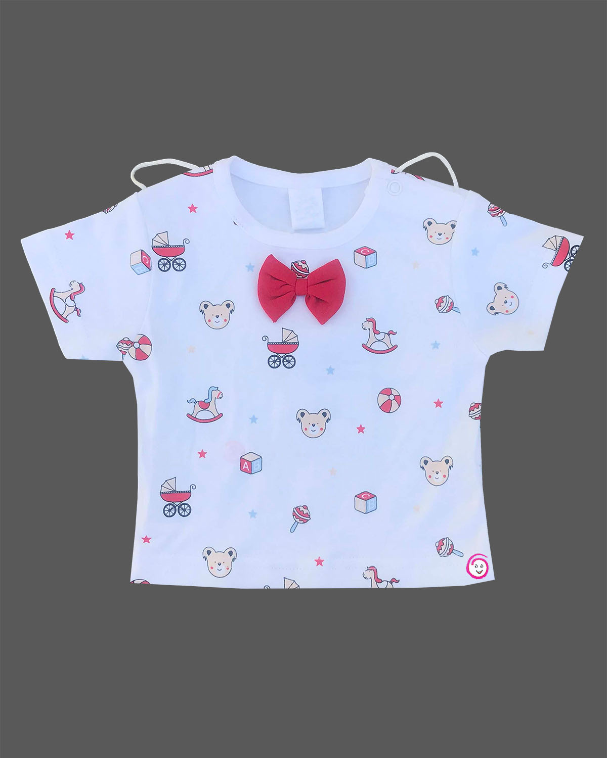 Red baby girl cotton knit suspender shorts with teddy bear stroller badges and white t-shirt with red bow and toy print