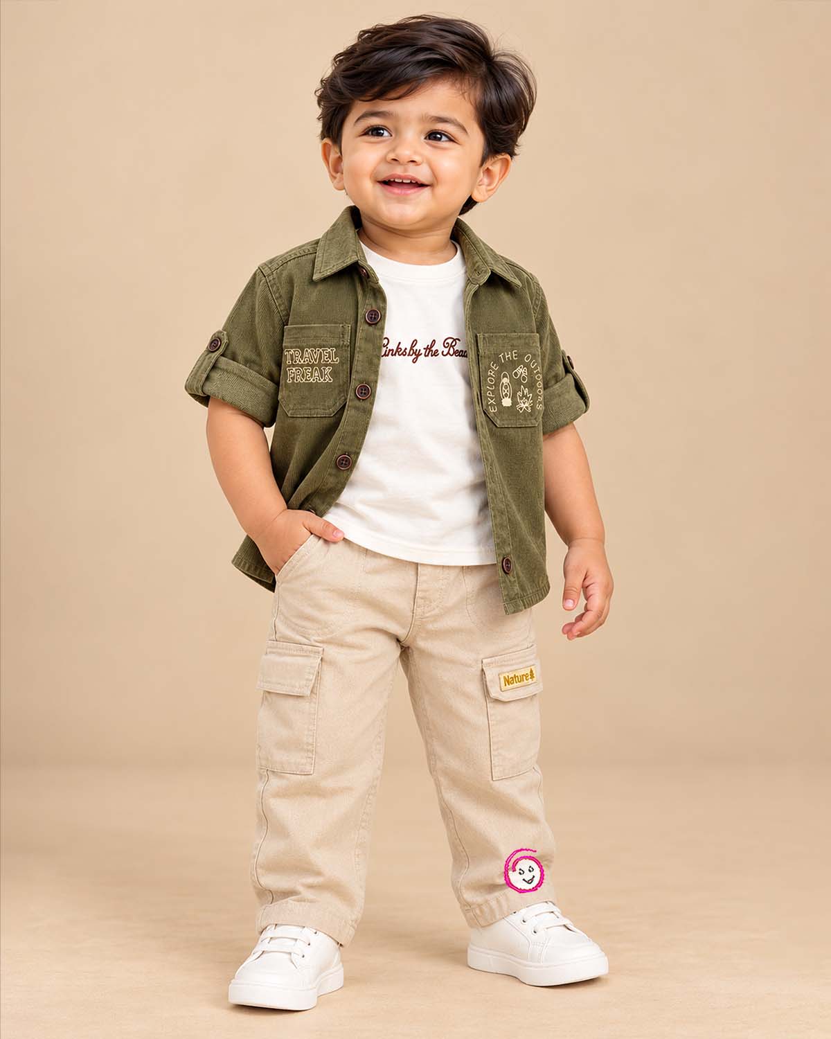 Kids cargo pants set featuring a button-down collar and utility pockets for everyday wear.