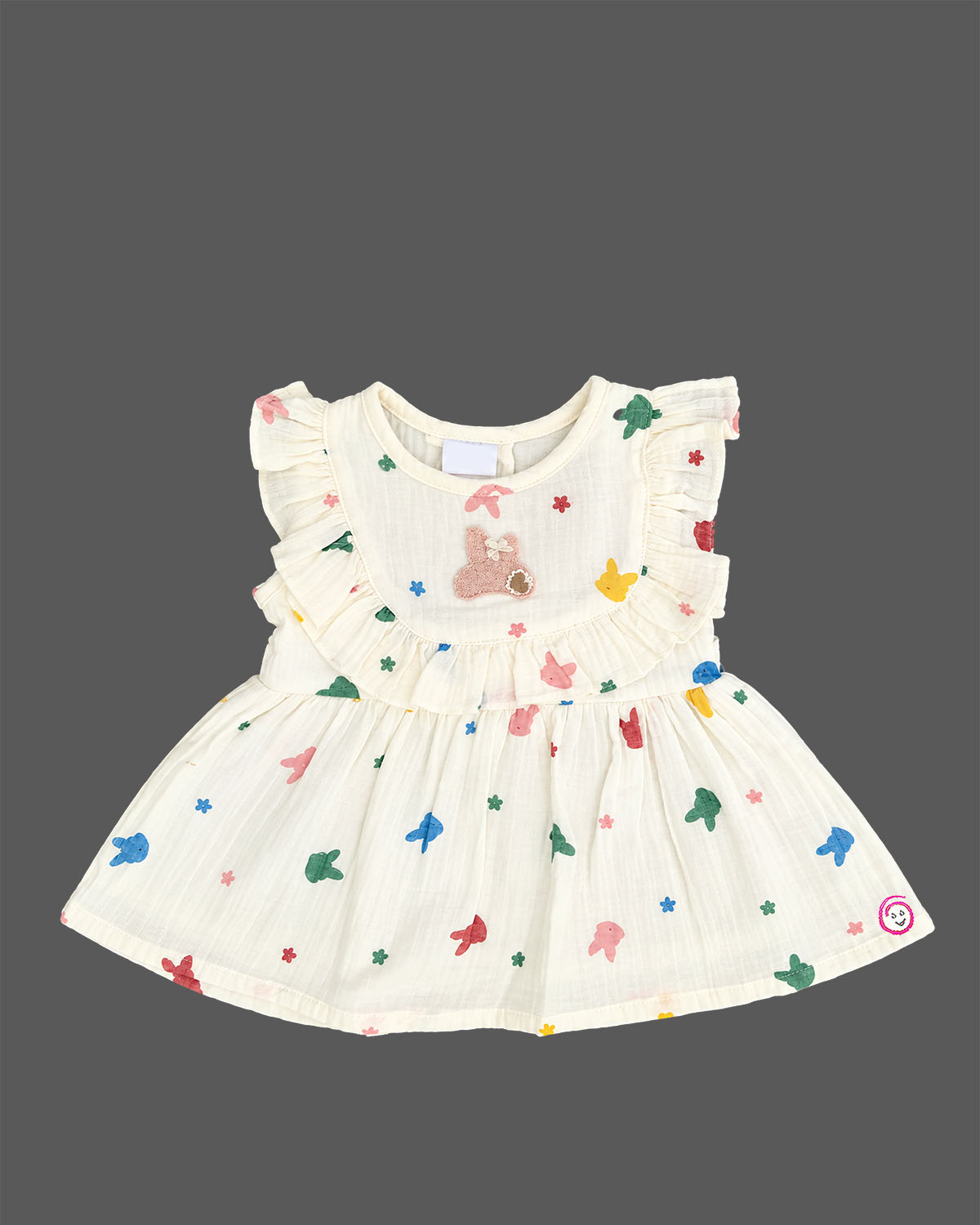 Infants frock with colorful printed motifs, Frill Sleeve, and flared hem for girls