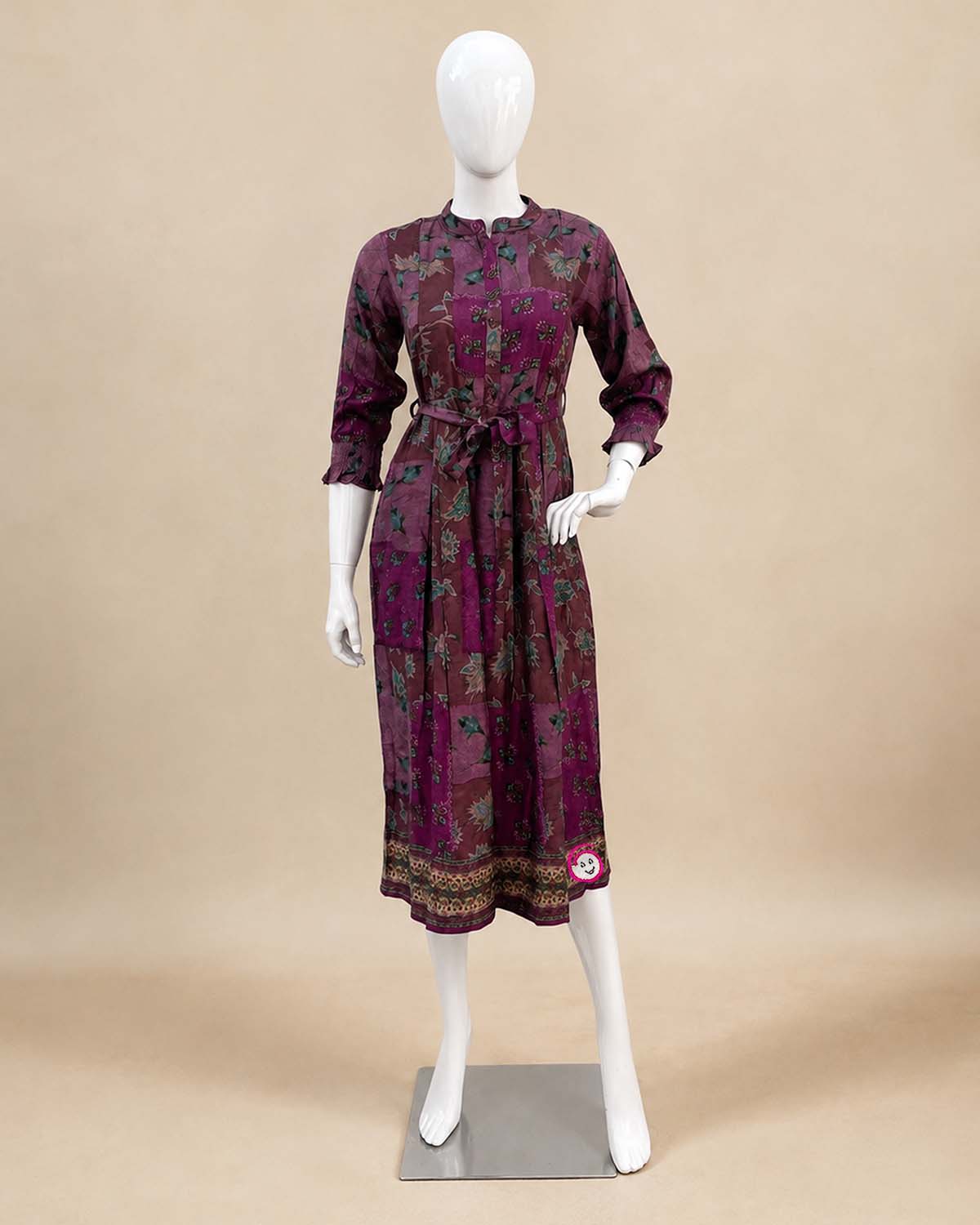 Maternity cotton printed feeding kurti with mandarin collar and waist tie belt for post-pregnancy nursing comfort.