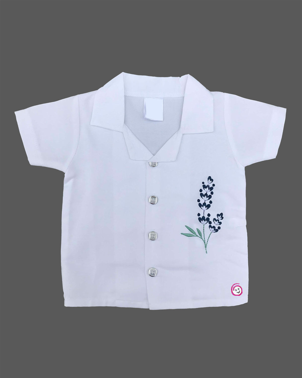 Short sleeve notch collar shirt with floral embroidery on front side paired with solid elastic waist shorts for toddler boys