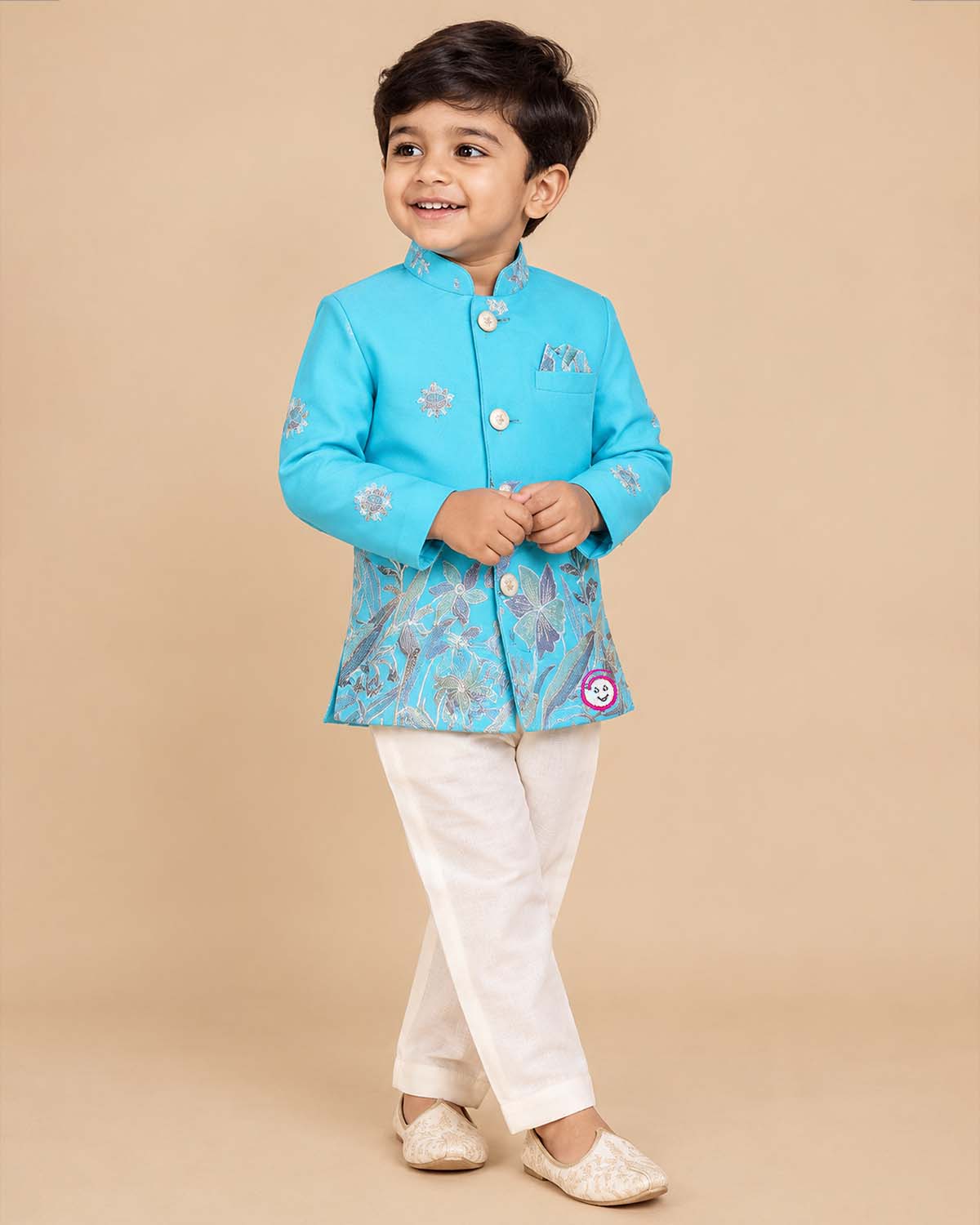 Sky blue embroidered silk sherwani with white pajama set for boys