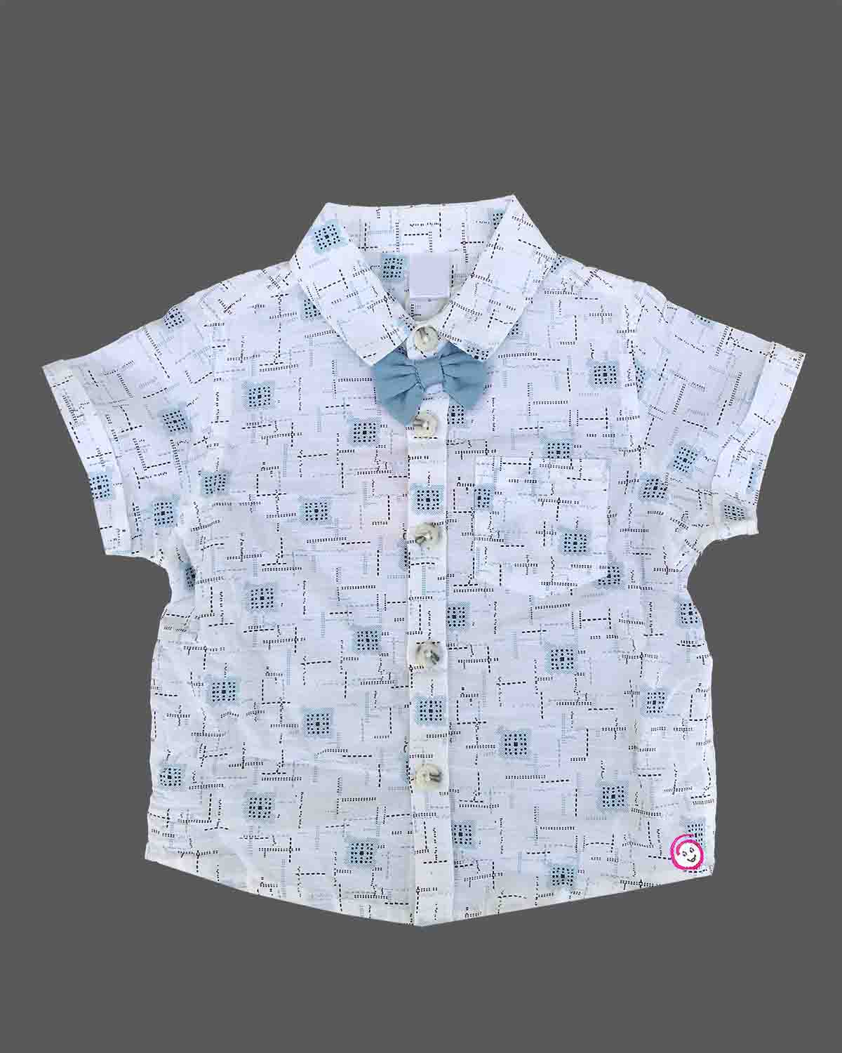 Stylish young boy's printed shirt with a blue bow tie and coordinating suspender shorts set.