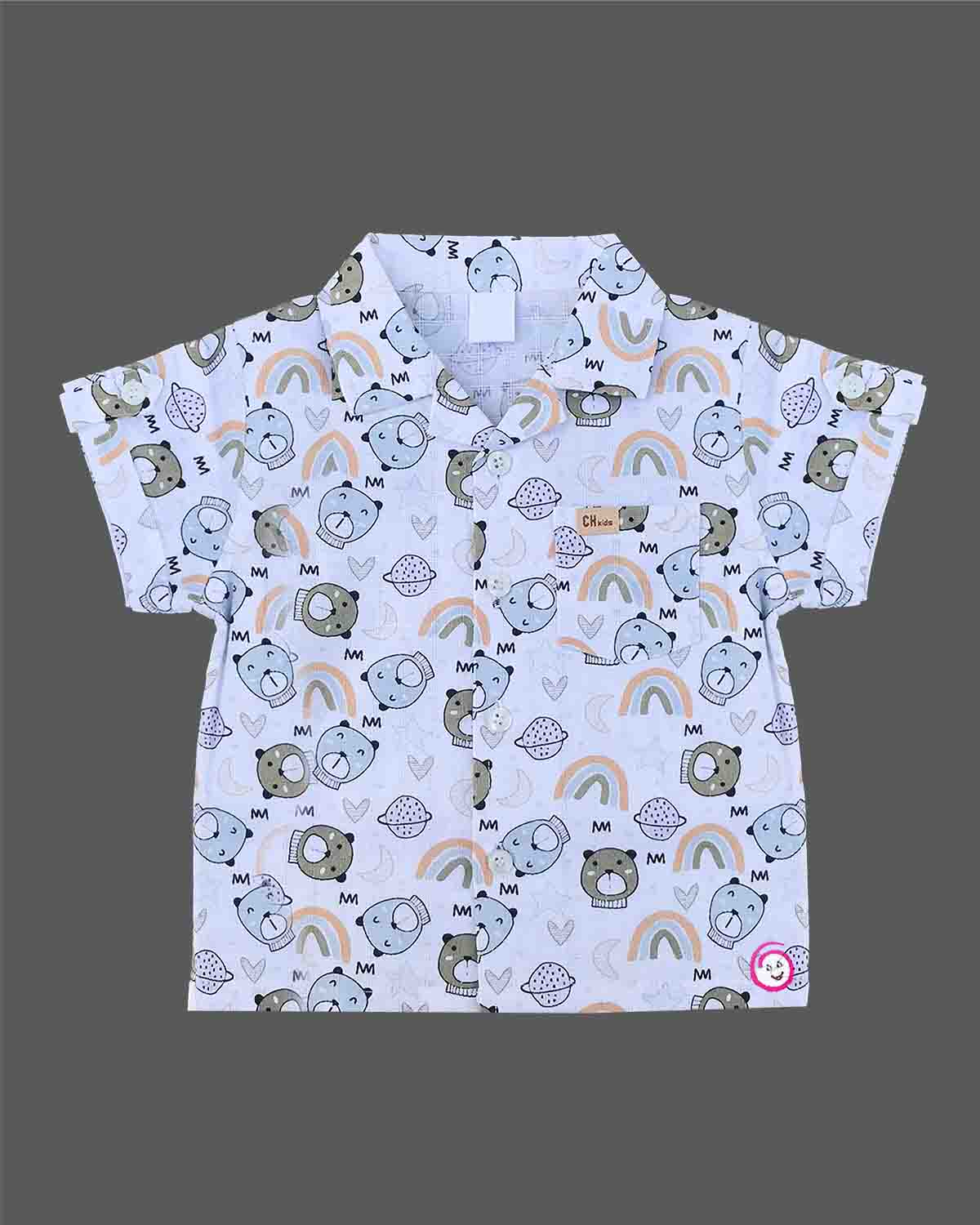 Boys 2-piece cotton casual co-ord set featuring a short-sleeve collared shirt and matching shorts in white with cute teddy bear faces, rainbows, and planet prints