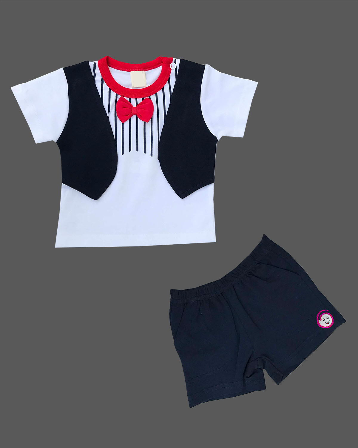 Dapper young prince tuxedo printed top and shorts set with bow detail for kids casual wear