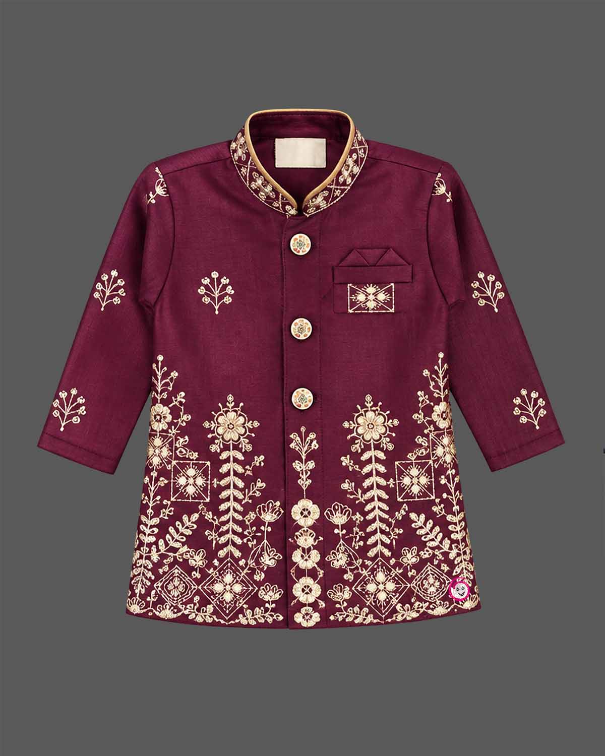 Maroon embroidered boy sherwani with gold pyjama for wedding and festive party