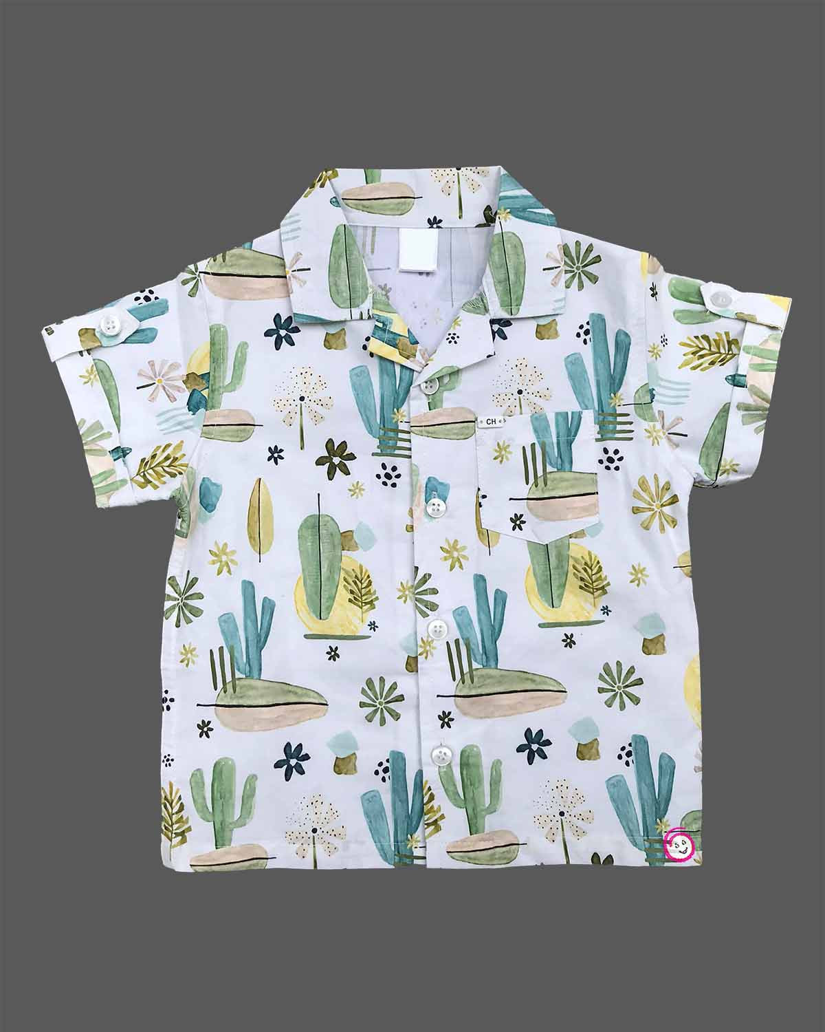 Stylish junior menswear botanical print short sleeve shirt and comfortable shorts set