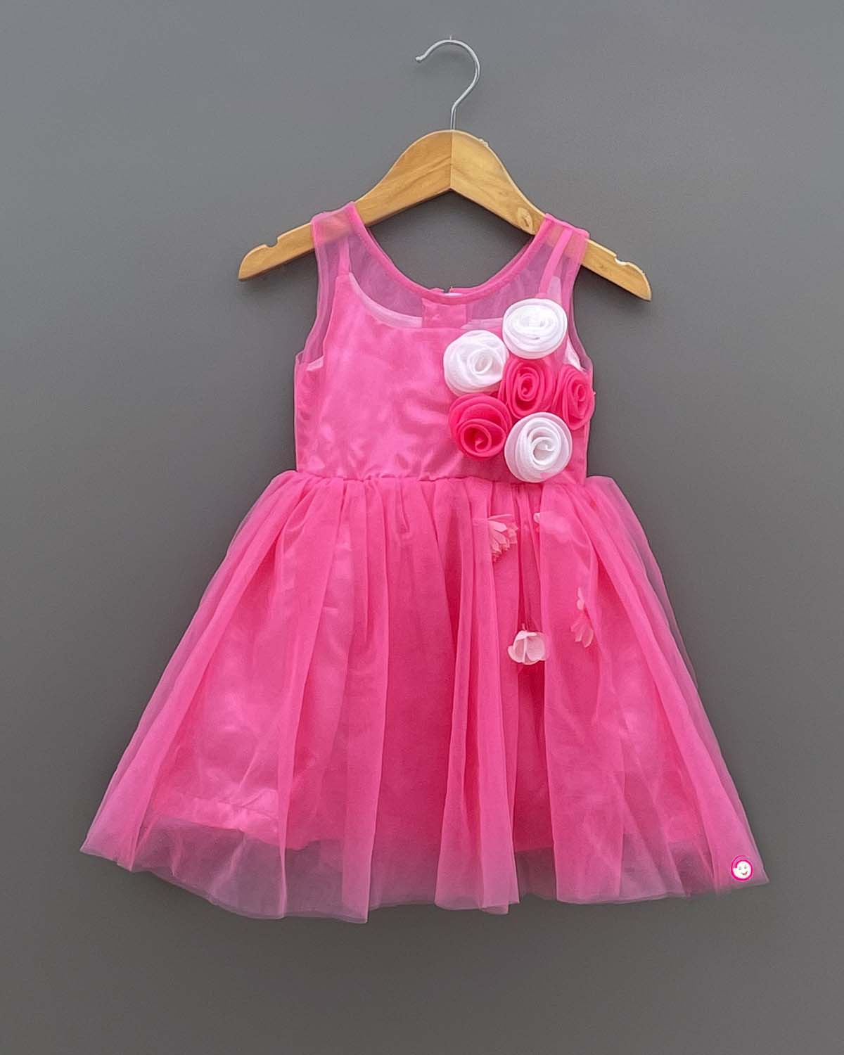Girls flower applique party frock - Dark Pink