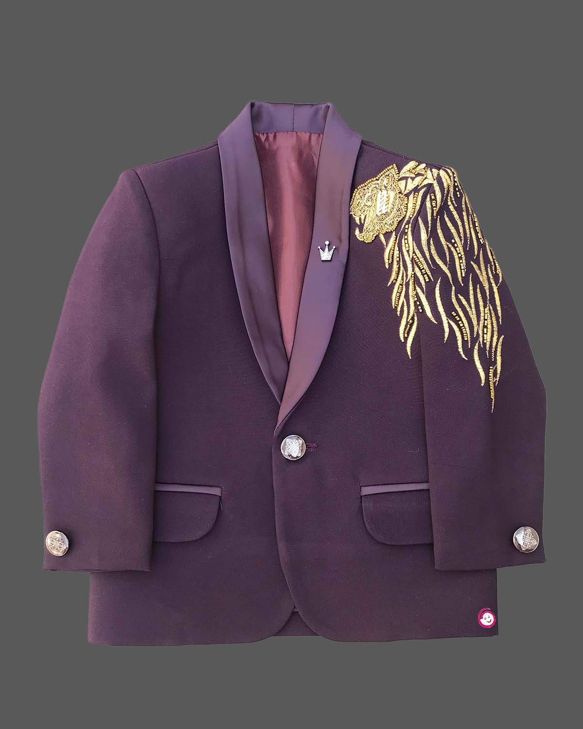 Boys wine designer tuxedo suit set featuring a shawl collar blazer with intricate gold shoulder embroidery, shirt, waistcoat, tie, and matching formal pant