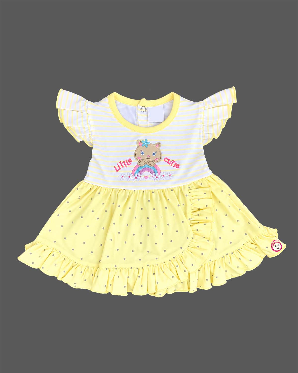 Yellow striped and polka dot infants frock with frill sleeve and kitty applique