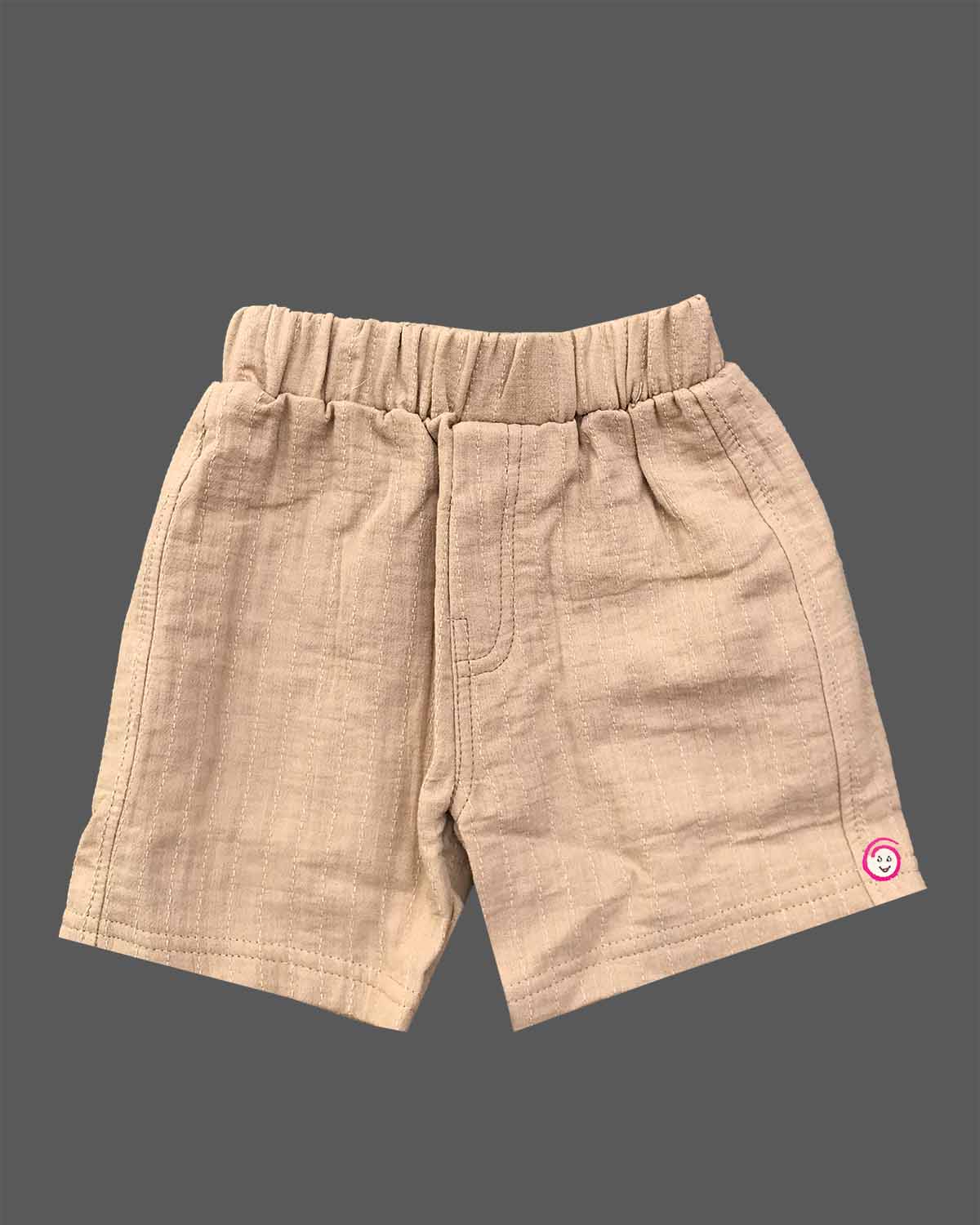 Beige textured cotton button-down top and shorts set with puppy embroidery baby boy top and shorts set for summer vacations, playdates, and park outings