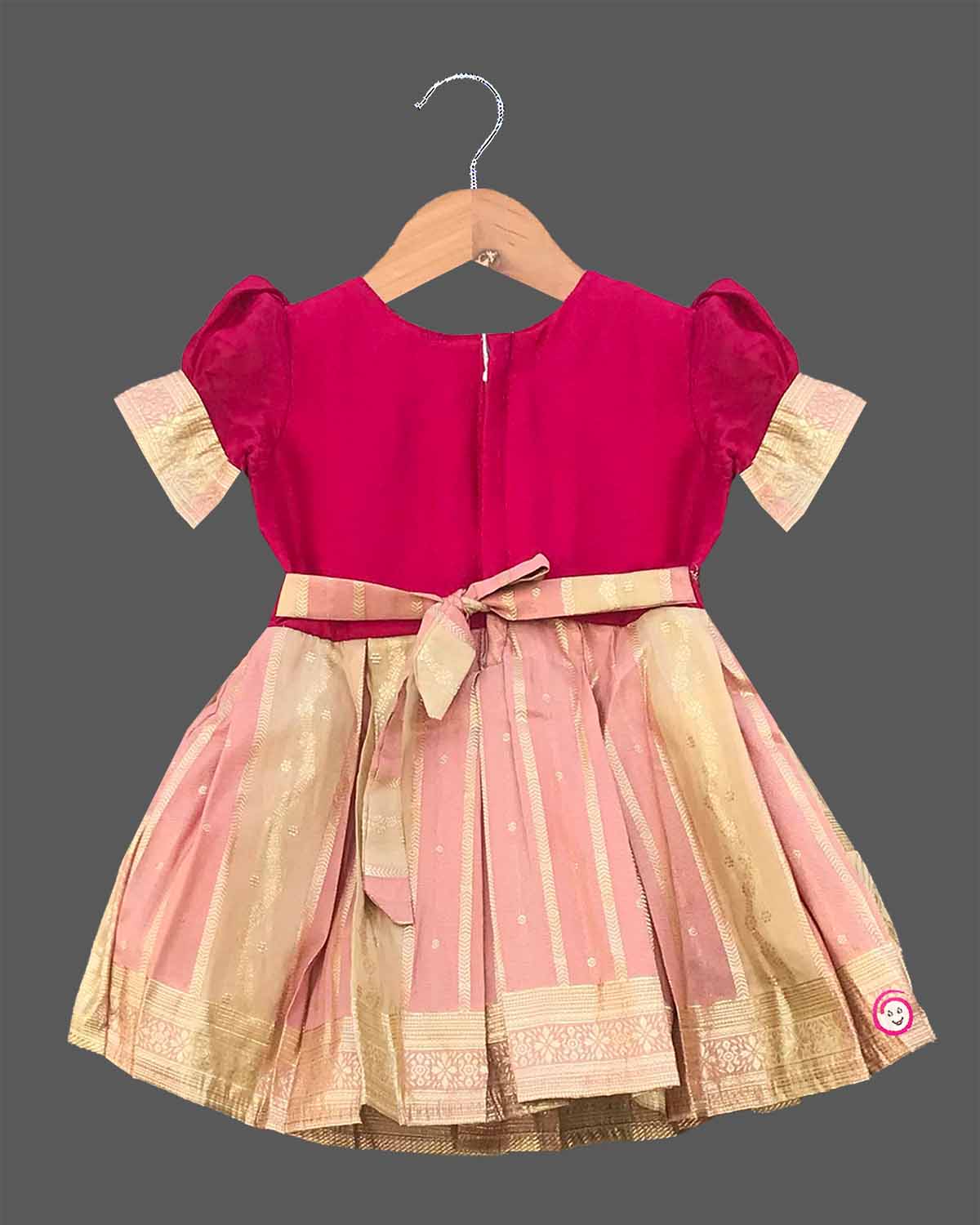 Girls traditional ethnic cotton silk frock with golden embroidery and zari border for birthday, wedding, and reception functions