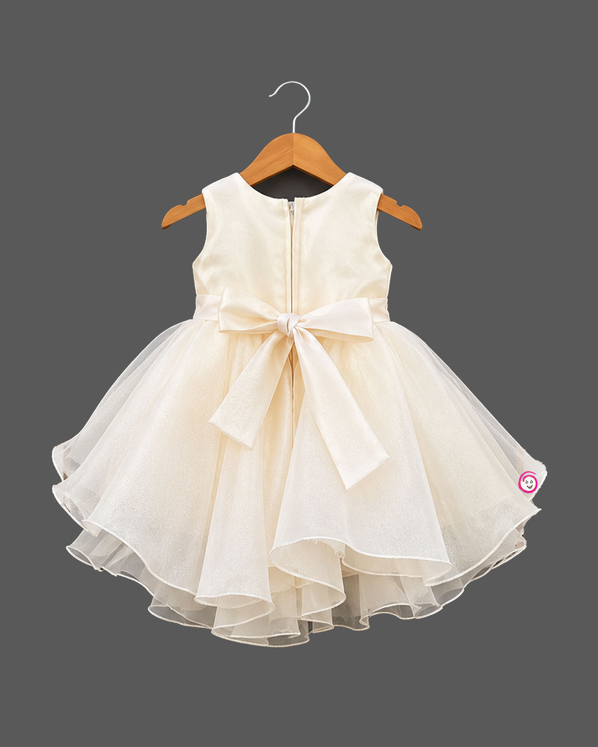 Silk frocks for baby girl featuring multi-layered organza ruffles and a jeweled bow.