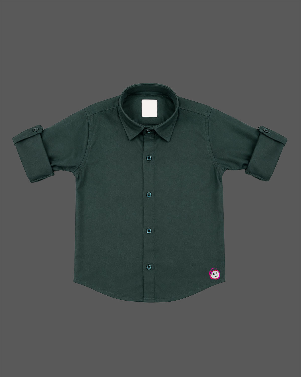 Front view of a smart collared casual shirt for toddler boys featuring roll-up sleeves and button closures against a solid background.