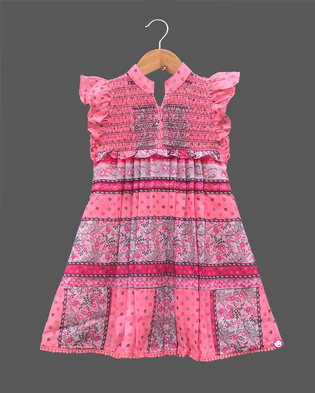 Girls printed frill sleeve casual frock - Pink
