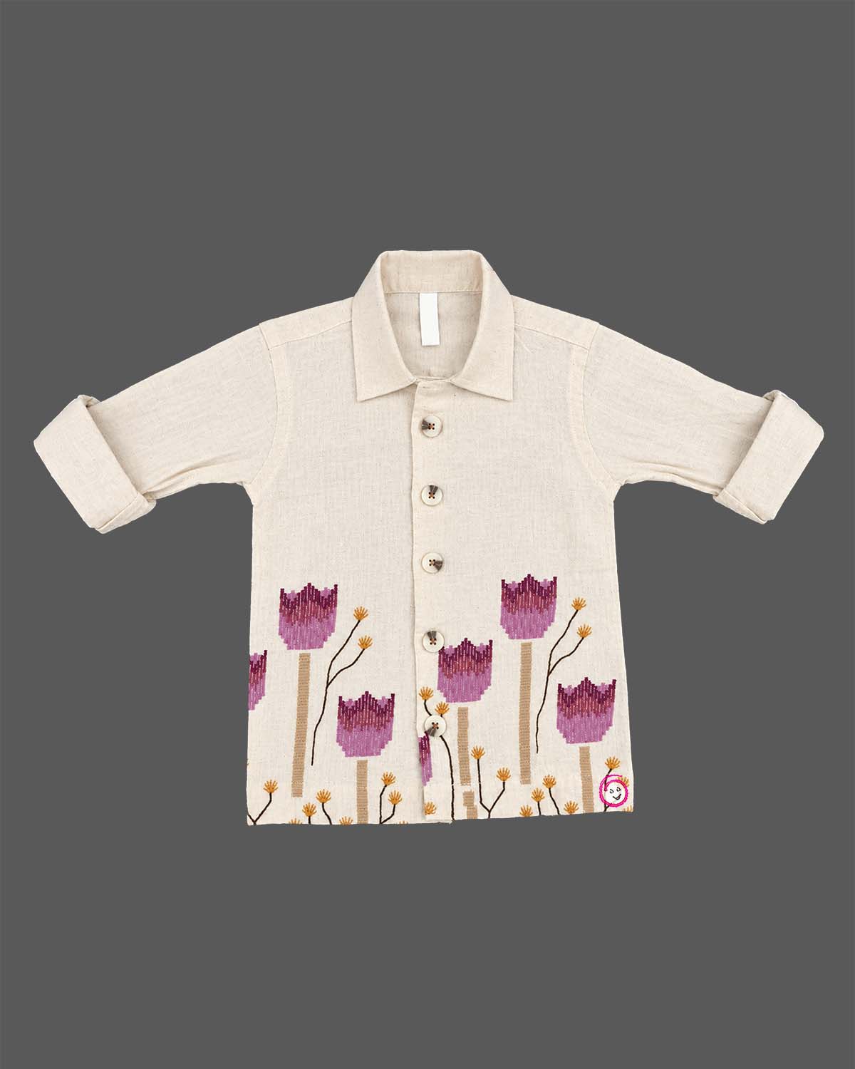 Little gentleman beige linen shirt with purple tulip floral print for boys