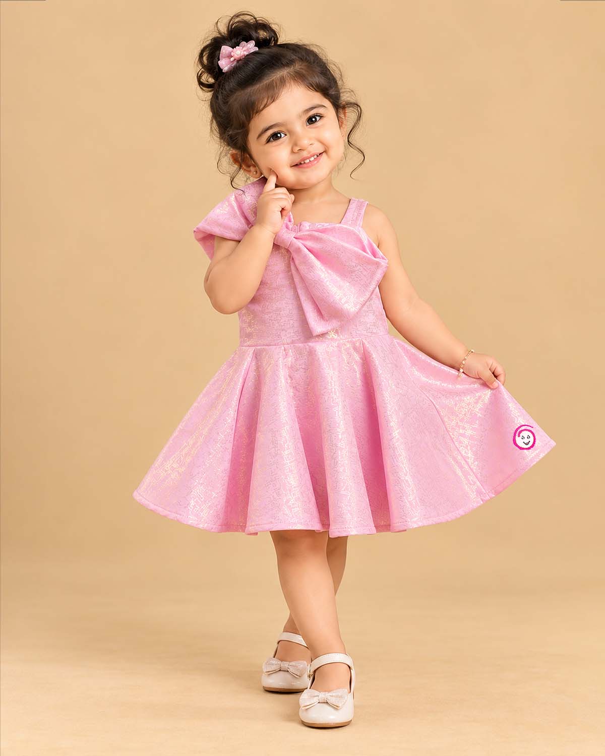 One-shoulder jacquard party wear dress with oversized shoulder bow for kids