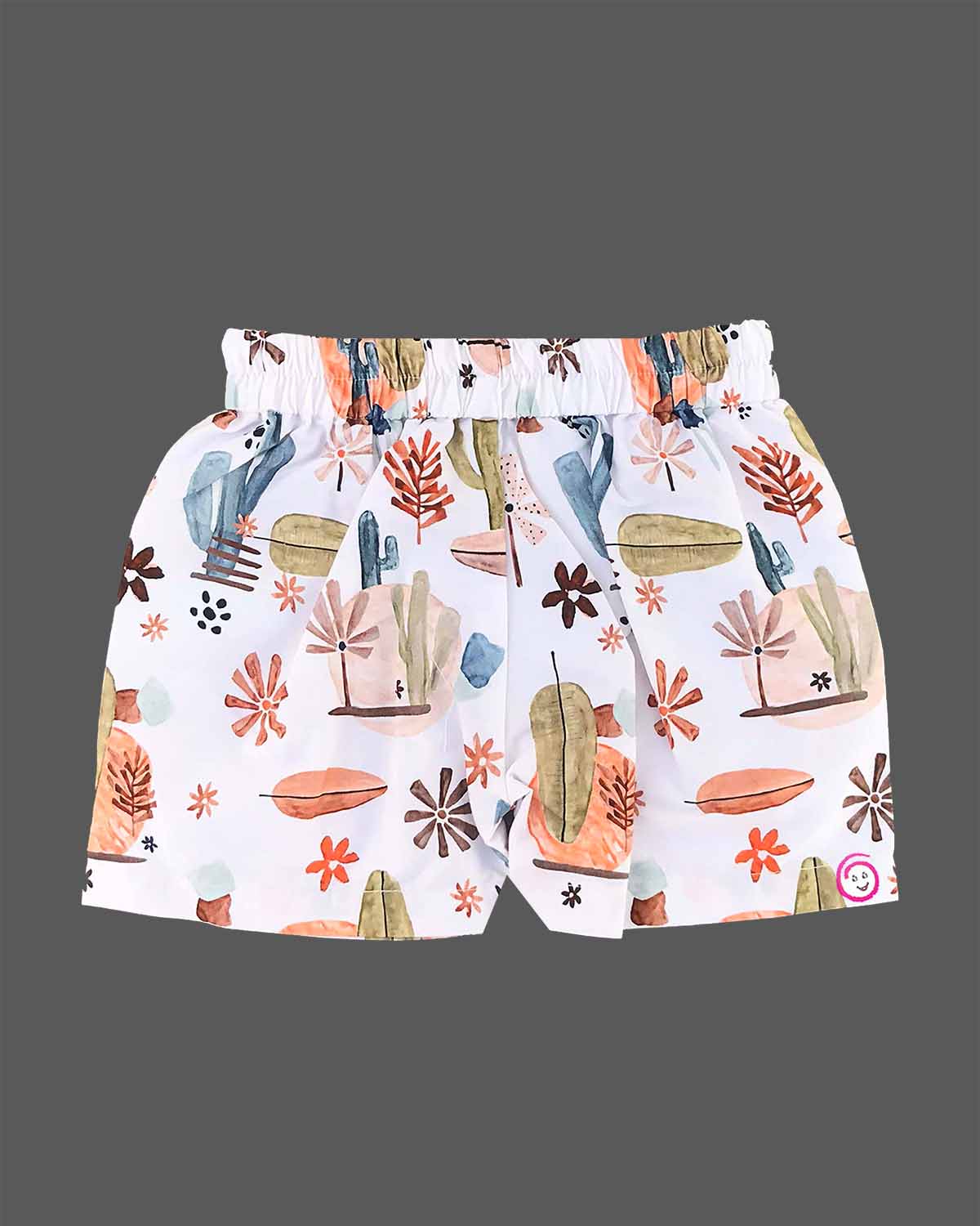 Boys 2-piece cotton casual co-ord set featuring a short-sleeve collared shirt and matching shorts in white with cactus, palm leaves, and desert botanical prints