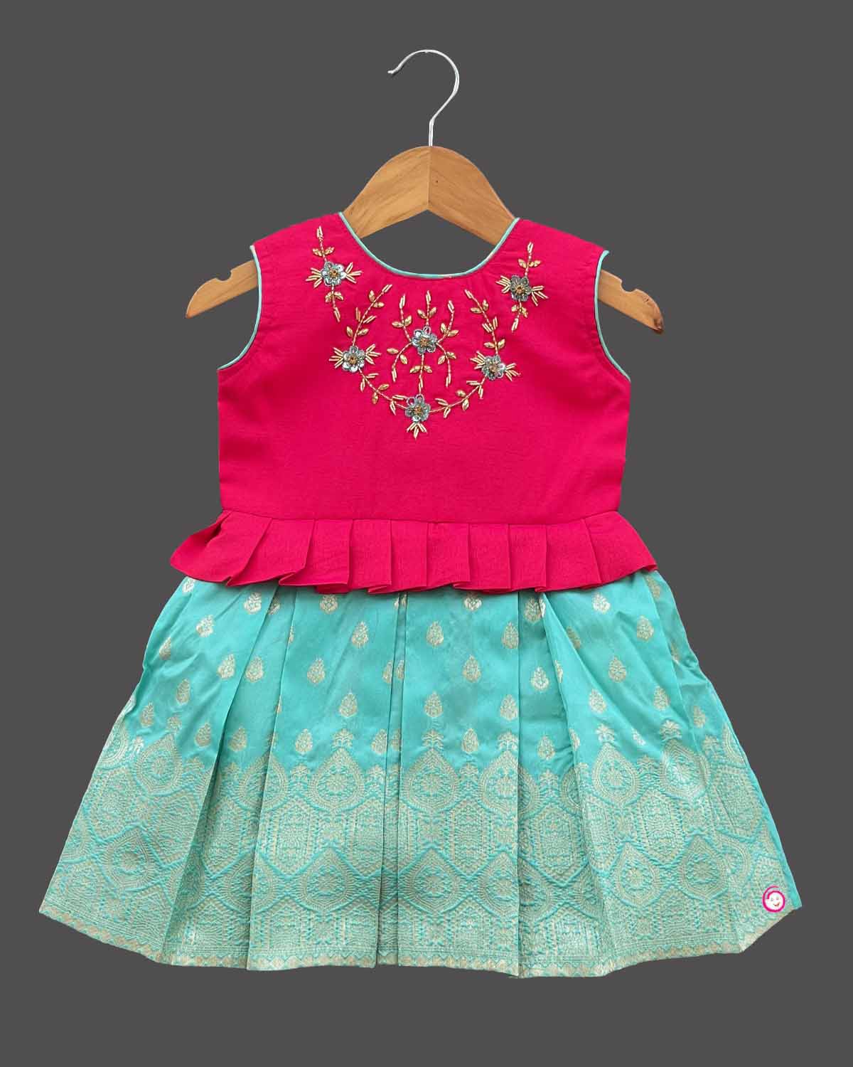 Girls aari traditional design frock - Sea Green