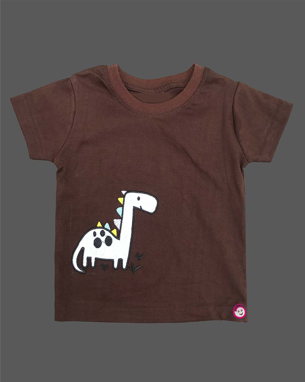 Brown dinosaur graphic knitted top and denim shorts set for kids birthday parties, family outings, and festivals