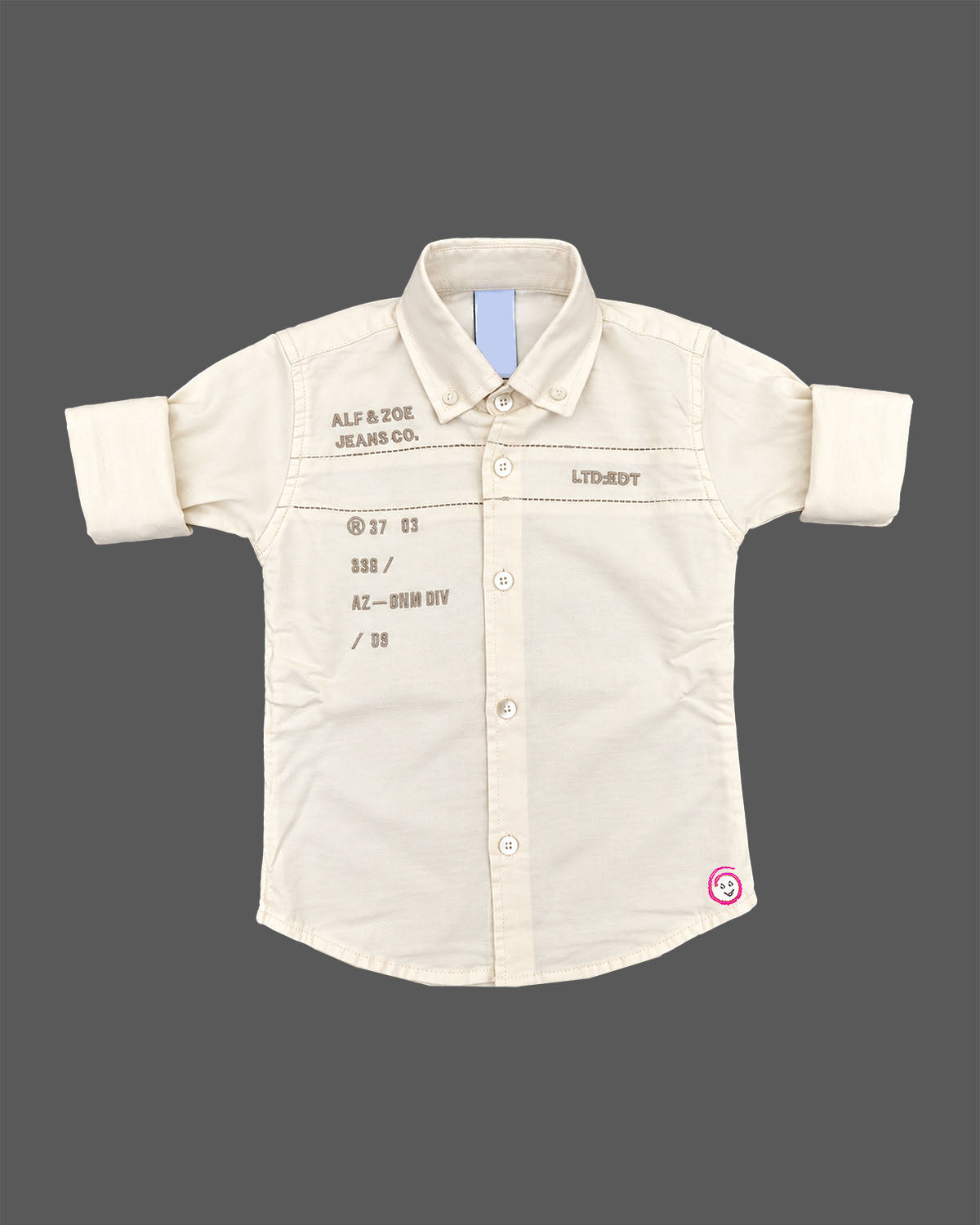 Infant boy cream cotton casual shirt with full sleeve and printed chest detail