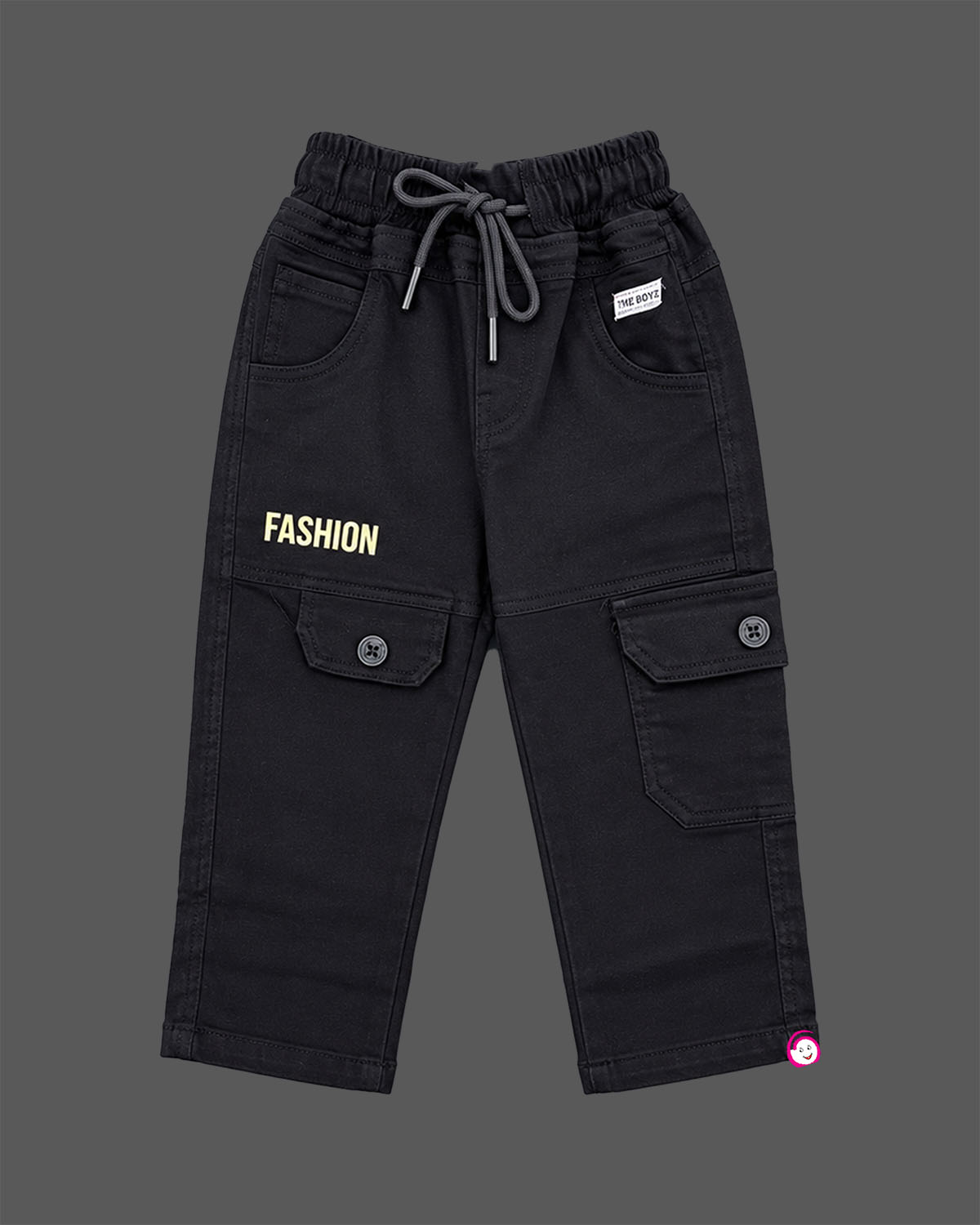 Long-sleeve graphic pullover sweatshirt and utility cargo trousers set designed as party wear for boys.